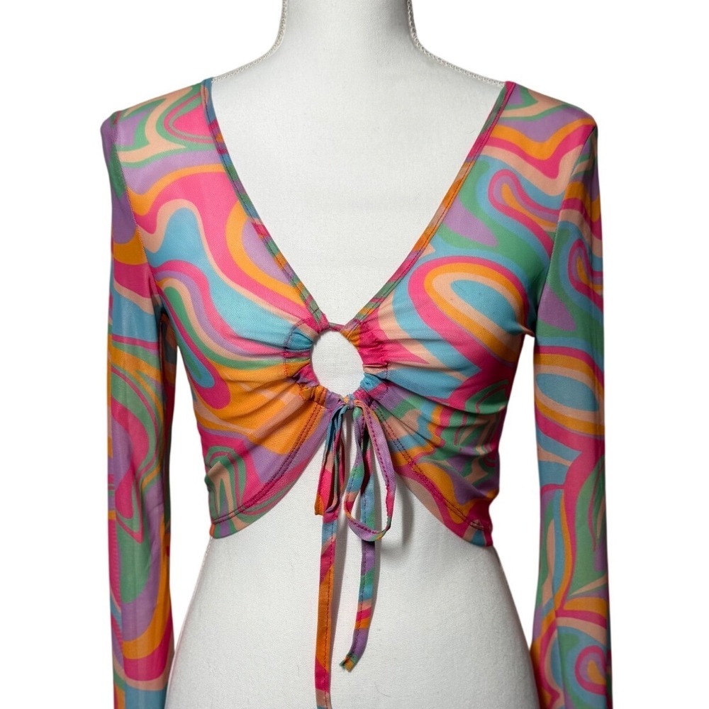 SHEIN Psychedelic Swirl Mesh O-Ring Tie Front Crop Top Size 6 Multicolor
